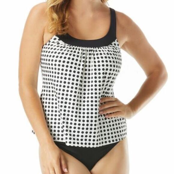 NEW Coco Reef Draped Polka Dot Tankini Top Black & White Size 34C - Picture 1 of 12